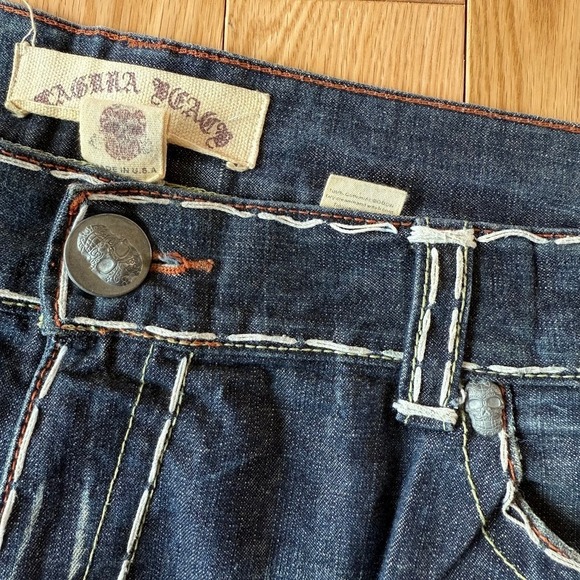 Laguna Beach Jean Co Dark Blue Flare Jeans Embroidered Skull Button USA 42x36